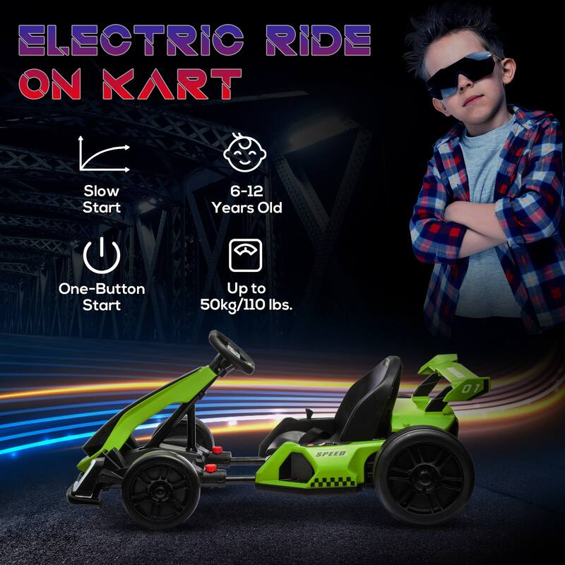 24V 7.5 MPH Kids Electric Go Kart with Adjustable Seat, Drifting Car Ride-On Toy with Music, Lights, for Ages 6-12 - Green
