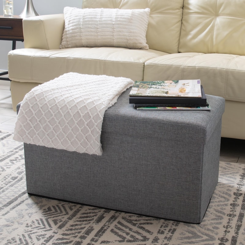 Simplify Grey Linen Look Double Foldable Ottoman - 30" x 15" x 15"