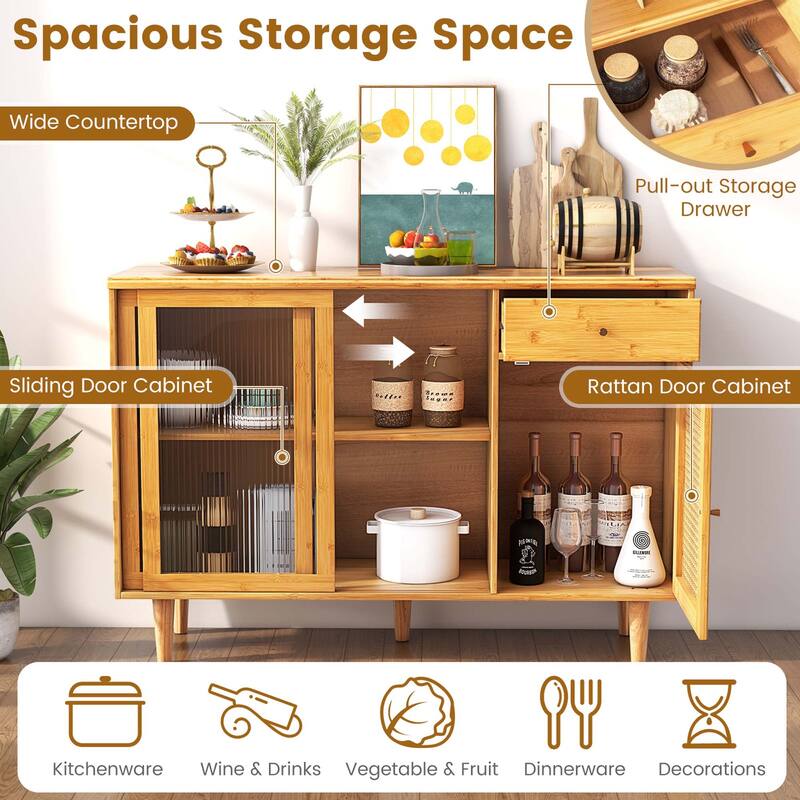Costway Buffet Sideboard Cabinet Rattan Console Table with Sliding - See Details