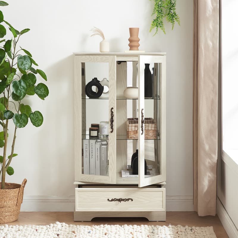 Elegant Lighted Glass Curio Cabinet with Drawer,Includes Bulb - White