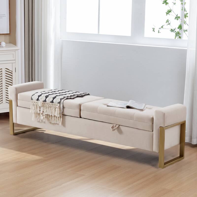 66" Storage Bench for Bedroom End of Bed with Double Lids and Gold Legs
