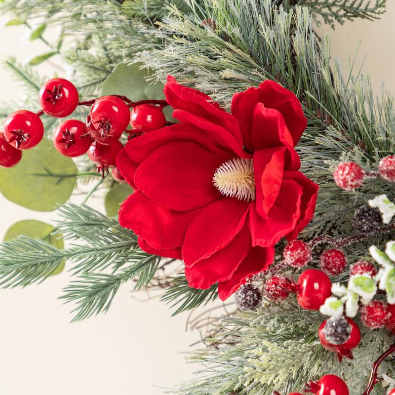 Glitzhome Christmas Red Mangnolia & Berry Wreath Garland Teardrop Hanging Decor