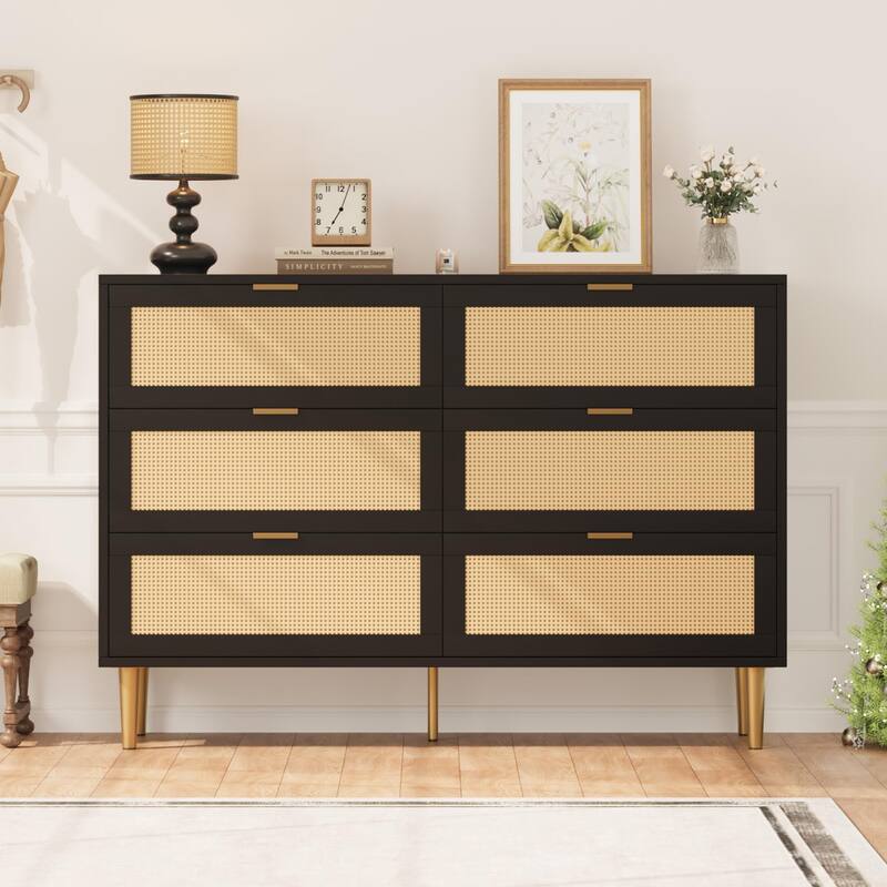 Natural Rattan 6-Drawer Dresser with Gold Legs & Handles, Wide Storage Chest for Bedroom or Living Room