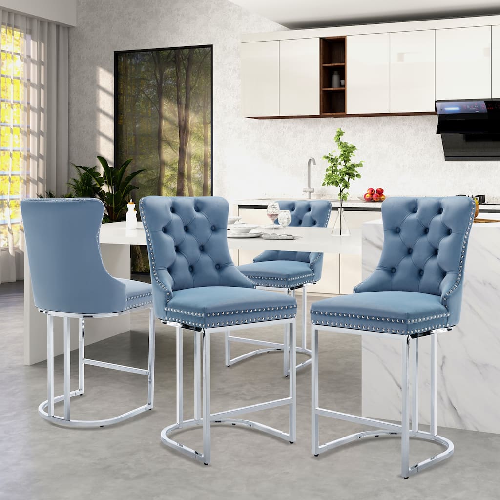 Modern Velvet Barstools with Button Back Set of 6