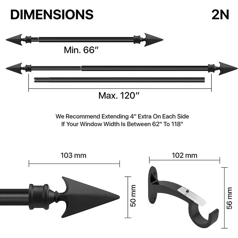 Deco Essential 3/4 Inch Curtain Rod for Windows & Doors Curtains Extendable Grey with Flat Arrow Finials & Brackets Set