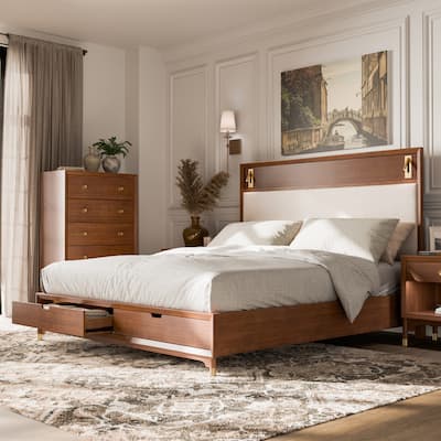 Furniture of America Forma Mid-Century Modern Walnut Boucle Storage Platform Bed with LED Reading Light