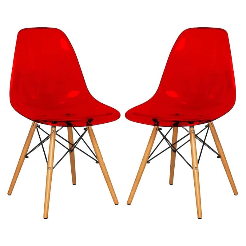 Cresco Acrylic Dining Chair in Solid Beech Wood Legs Banquet Side Chair (Set of 2) for Indoor and Outdoor - 32" Height - Transparent Red