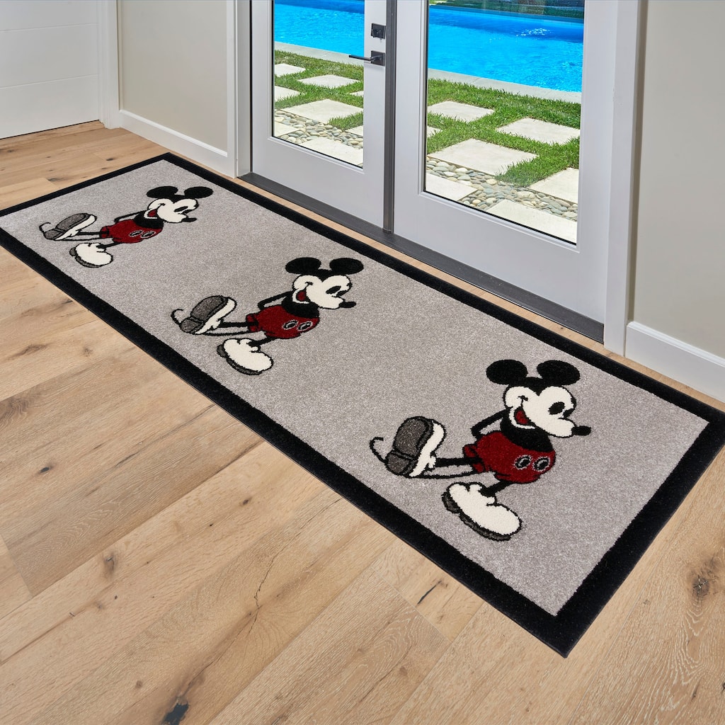 Licensed Disney Mickey Mouse Classic Pose Grey /Ivory/ Red Border Indoor Area Rug, Runner - 2'7" x 8'