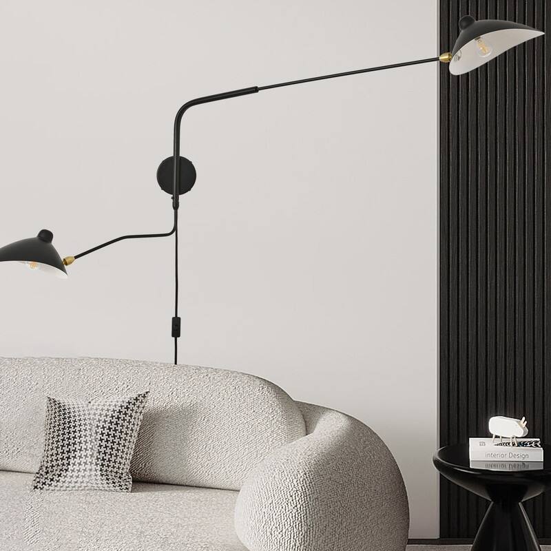 2-Lights Swing Arm Wall Sconces, Plug in Rotatable Black Wall Lights - Black 