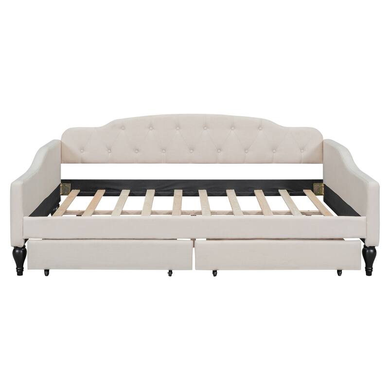 Beige Multifunctional Design Full Size Upholstered Tufted Daybed with Two Drawers for Bedroom