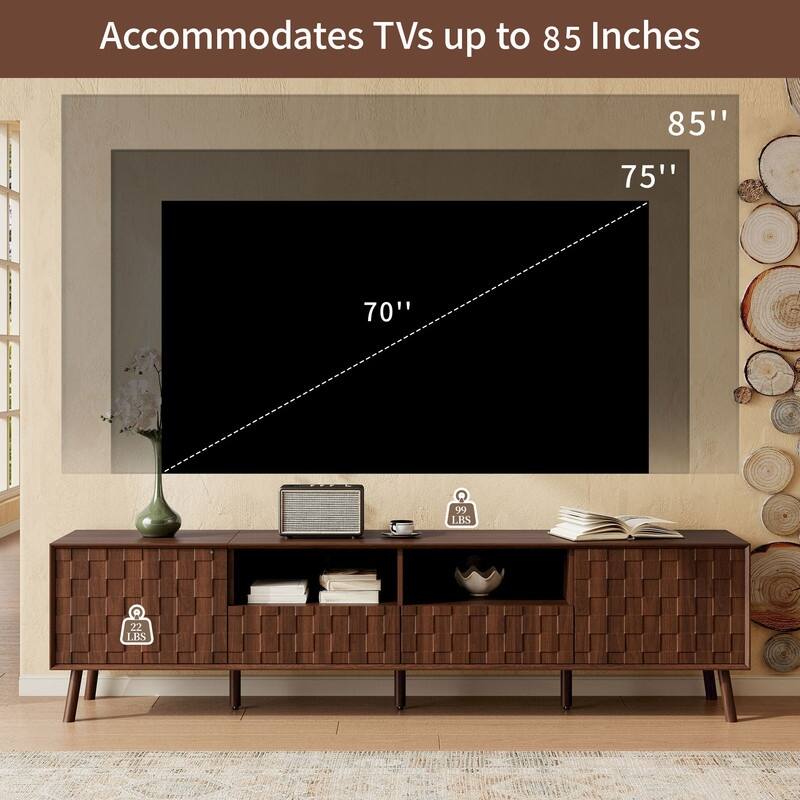 Modern 70" TV Stand for TVs up to 80", Entertainment Center Media Console Table with Solid Wood Legs and Open Storage