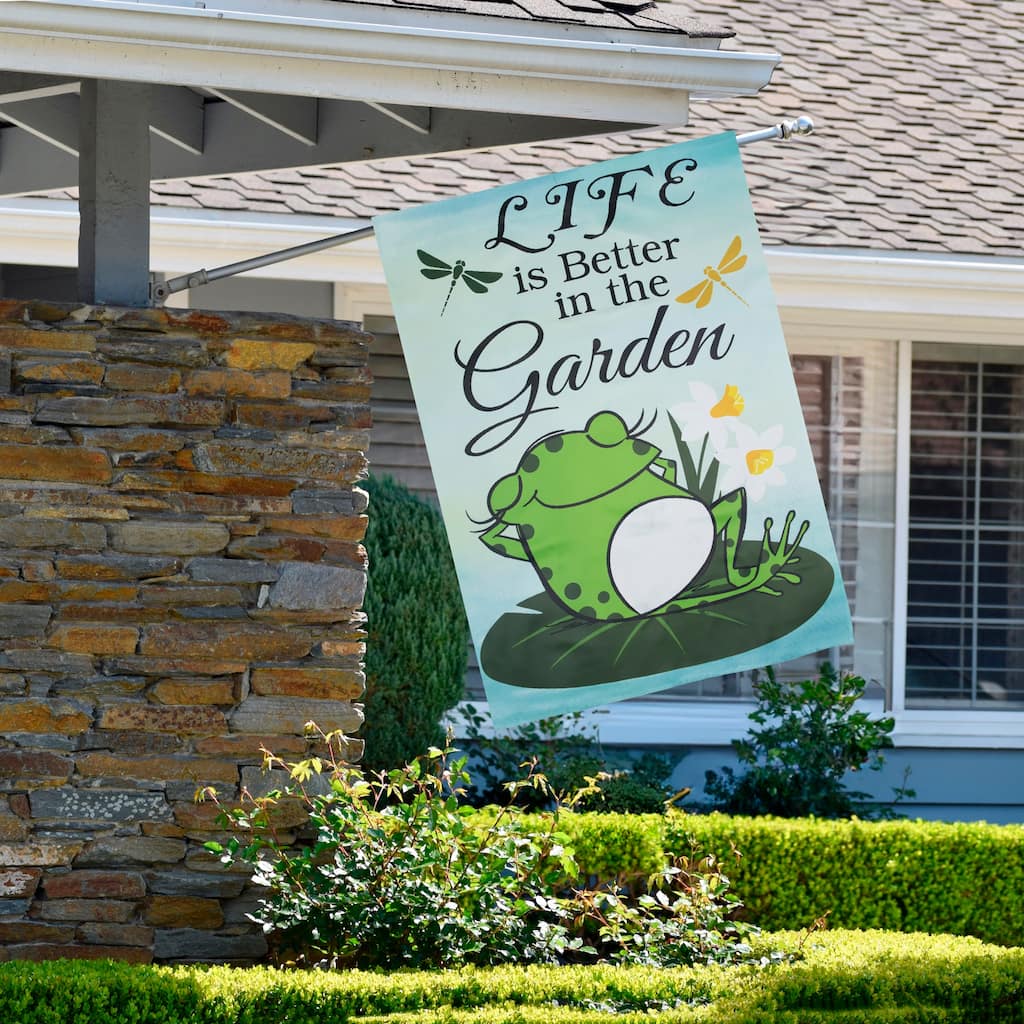 Life is Better in the Garden Green Frog Outdoor House Flag - 28" x 40"