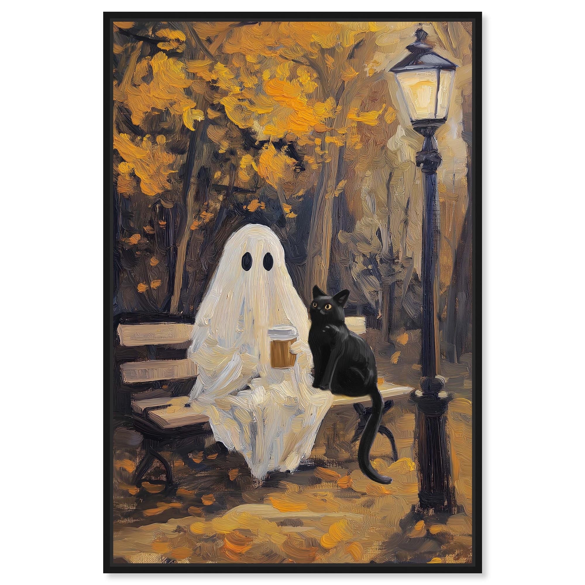 Ghost and Cat at the Park Halloween Art Canvas Print by Art Remedy