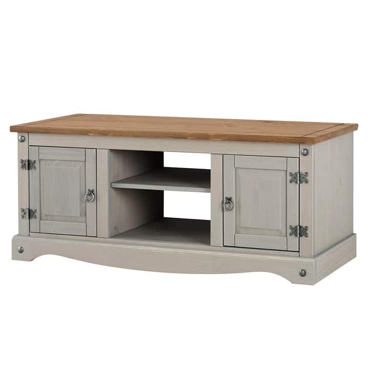 Wood TV Entertainment Stand Corona Collection | Furniture Dash - Gray wash stain, tops in antique brown stain.