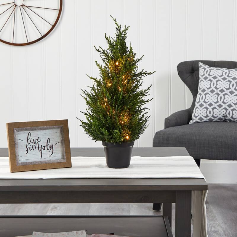 18” Pre-Lit Artificial Cedar Tree, Warm Clear LED Lights