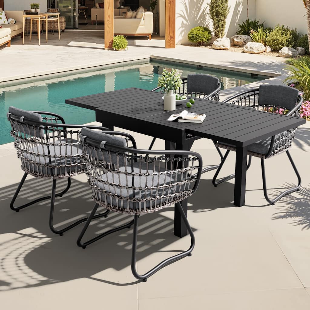 VredHom 5PC Outdoor Patio Extendable Table Dining Sets Table with Rattan Chairs