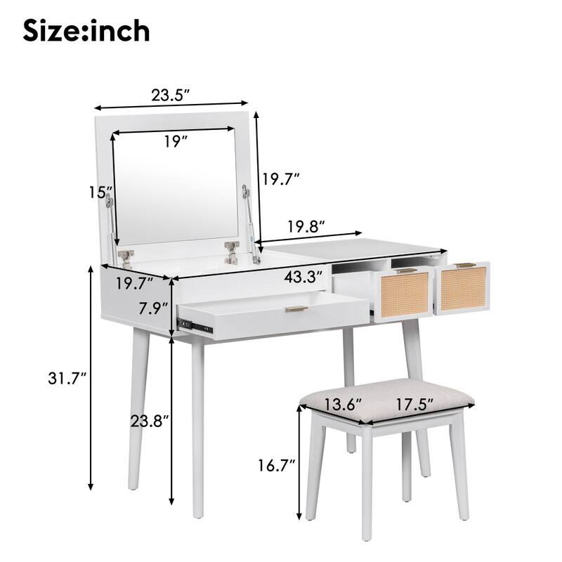 43.3" Classic Wood Makeup Vanity Set with Flip-top Mirror and Stool