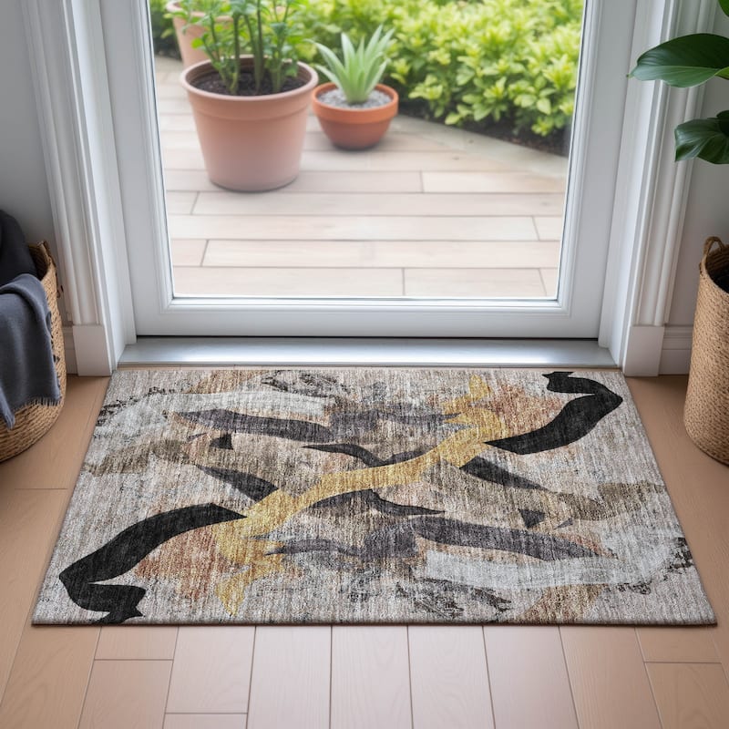 Machine Washable Indoor/Outdoor Contemporary Brushstrokes Chantille Rug
