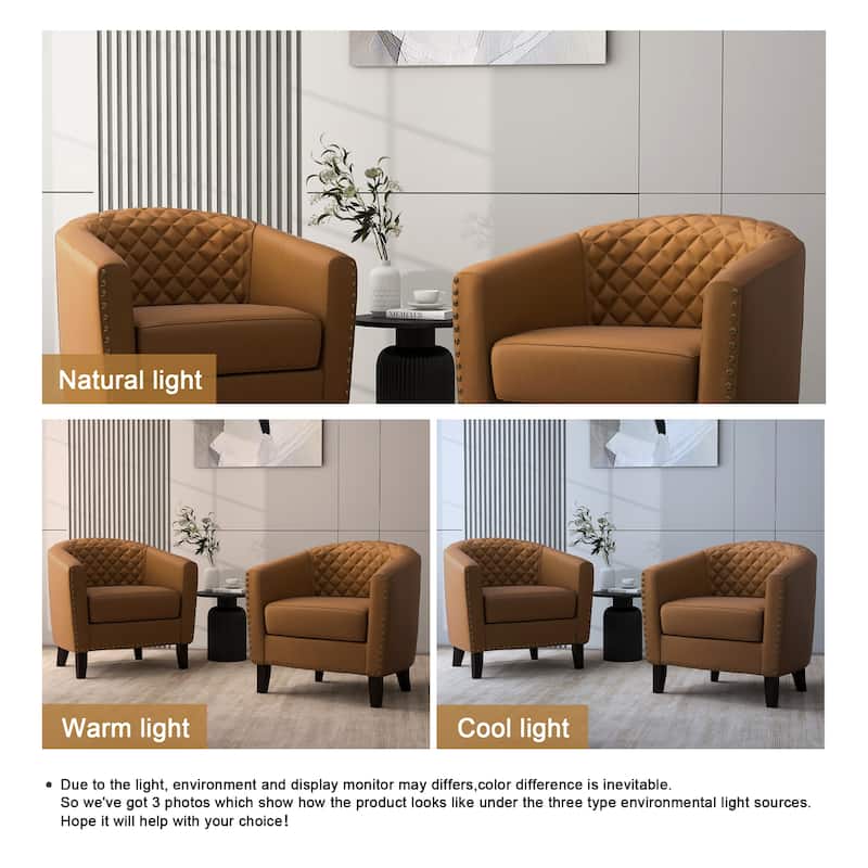 Faux Leather Tufted Nailheads Upholstered Barrel Accent Chairs