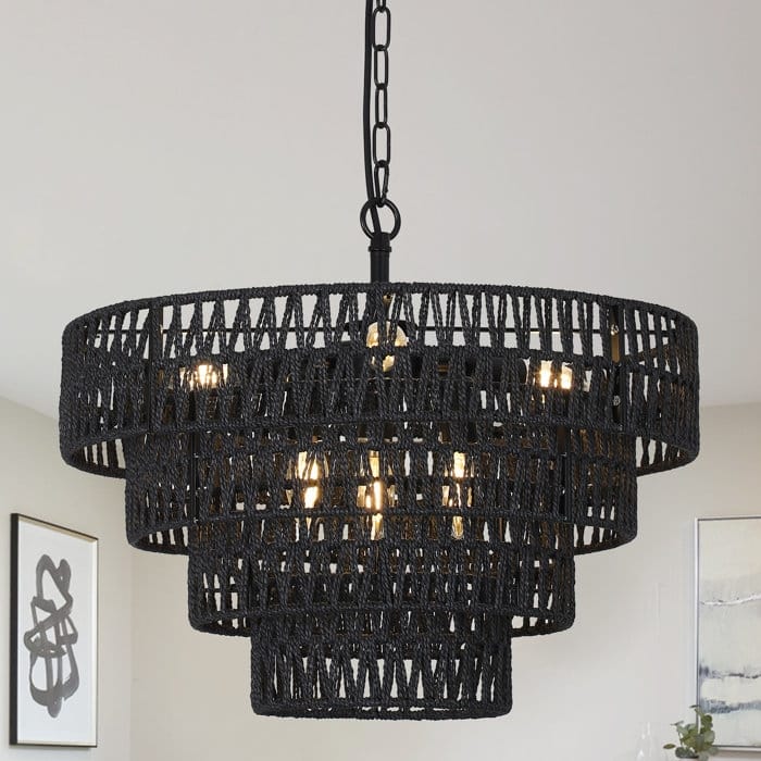 6-Light Boho Rattan Chandelier - Black
