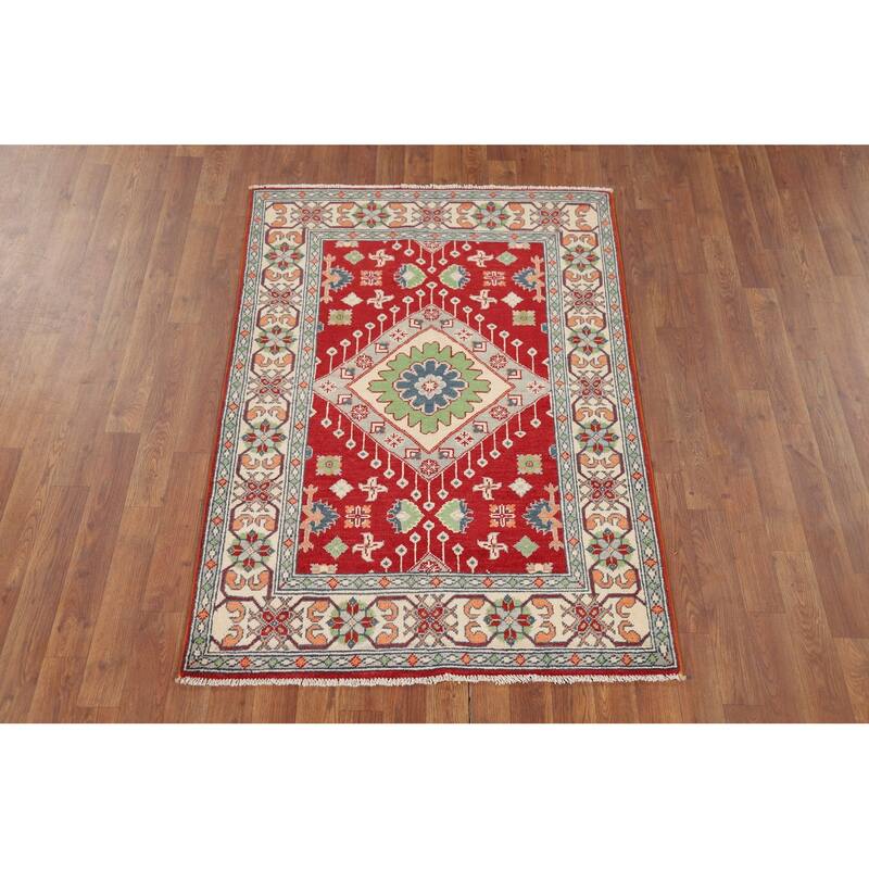 Red Geometric Kazak Accent Rug Hand-Knotted Traditional Wool Carpet - 3'4" x 4'10"