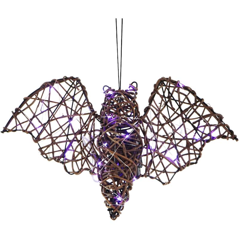 Haunted Hill Farm Set of 3 Battery-Operated Rattan Bats with Hanging Loops, Purple Lights, and Timer