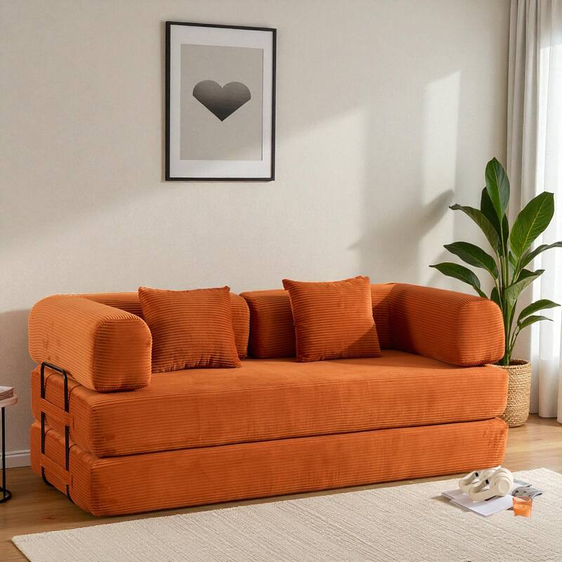 Convertible Corduroy Sleeper Sofa Bed, 4-in-1 Folding Mattress Couch with Cylindrical Pillow & Fixed-Shape Frame, No-Assembly - Orange