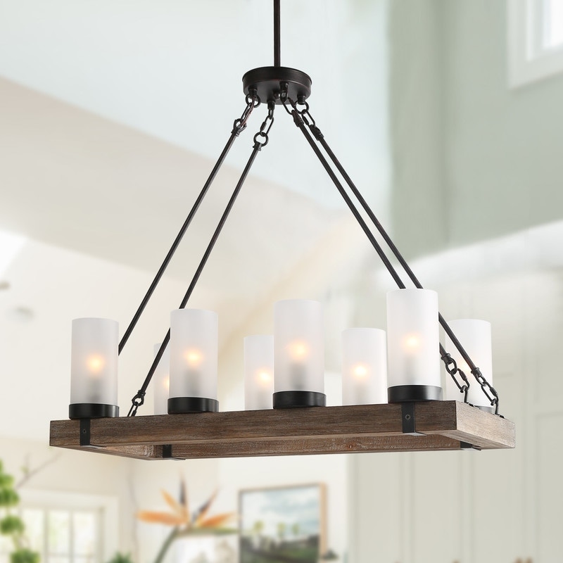 Lnc Modern Farmhouse 8 Light Chandelier Wood Island Lights with Glass Shades 8 Light L30 xW12 xH27.5 25 to 36 Inches 13 to 24 Inches