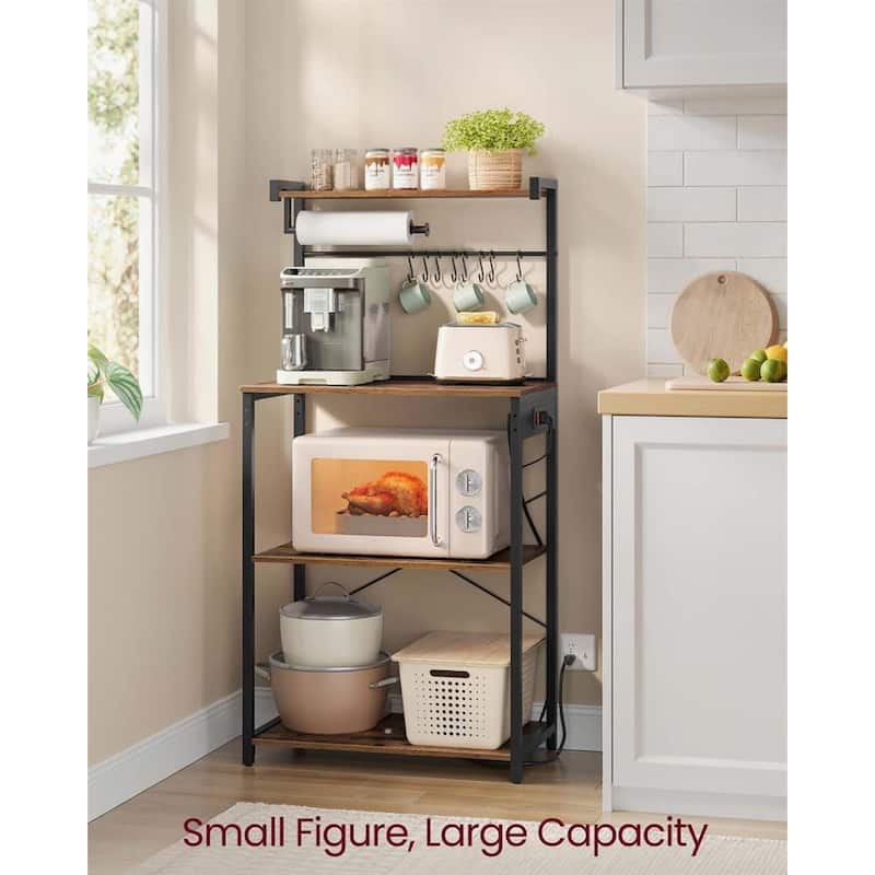 Steel Bakers Rack with Power Strip, Hooks and Adjustable Shelf - 15.7"D x 23.6"W x 55.1"H