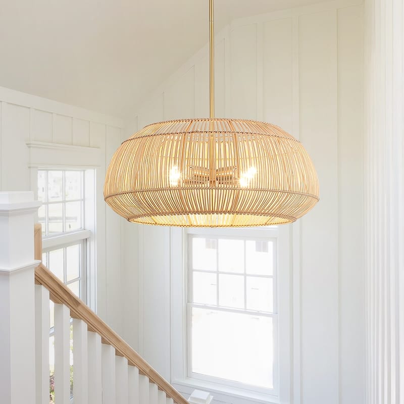 4 - Light Rattan Pendant Chandelier with Brass Canopy - 22 in
