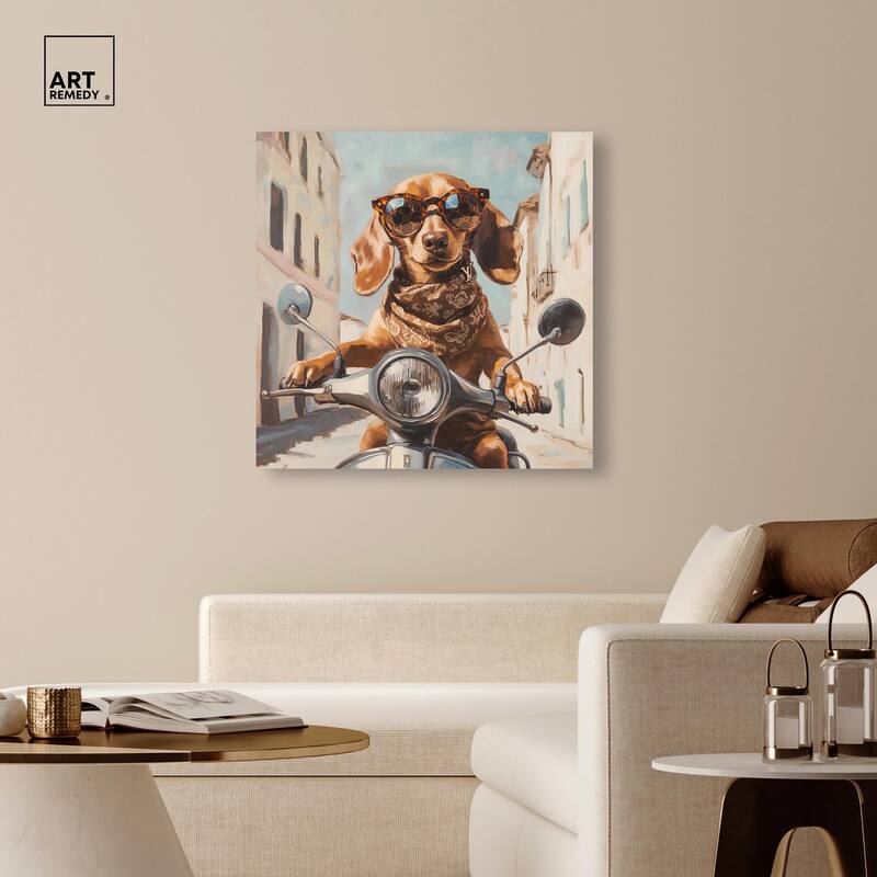 Doxxie on a Scooter Drive Canvas by Art Remedy, Gallery Wrapped