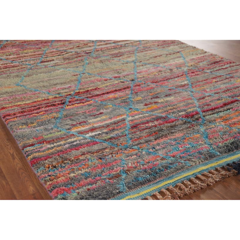 Striped Trellis Moroccan Area Rug Handmade Wool Carpet - 5'8" x 9'9"