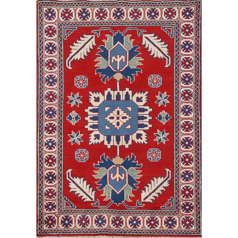 Geometric Red Kazak Accent Rug Handmade Traditional Wool Carpet - 3'4"x 4'11"