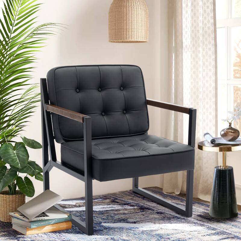 Leather Accent Chair, Accent Arm Chair Comfy Armchair with Metal Legs - Set of 1 - Black