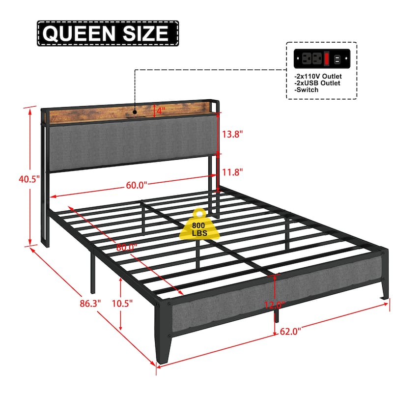 Queen Size Metal Platform Bed with Charging Station and Upholstered Headboard