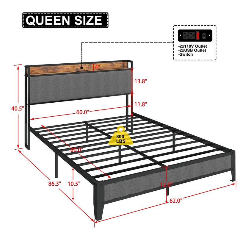 Sturdy Full/Queen Bed Frame with Charging Ports, Grey Upholstered Headboard & Under-Bed Storage
