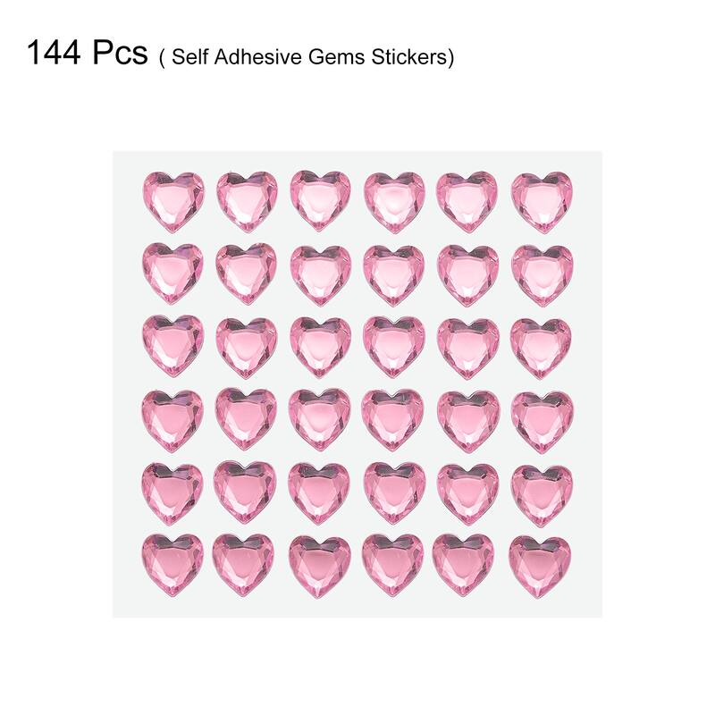 144 Pcs Heart Rhinestone 10mm Self Adhesive Gems Stickers Pink