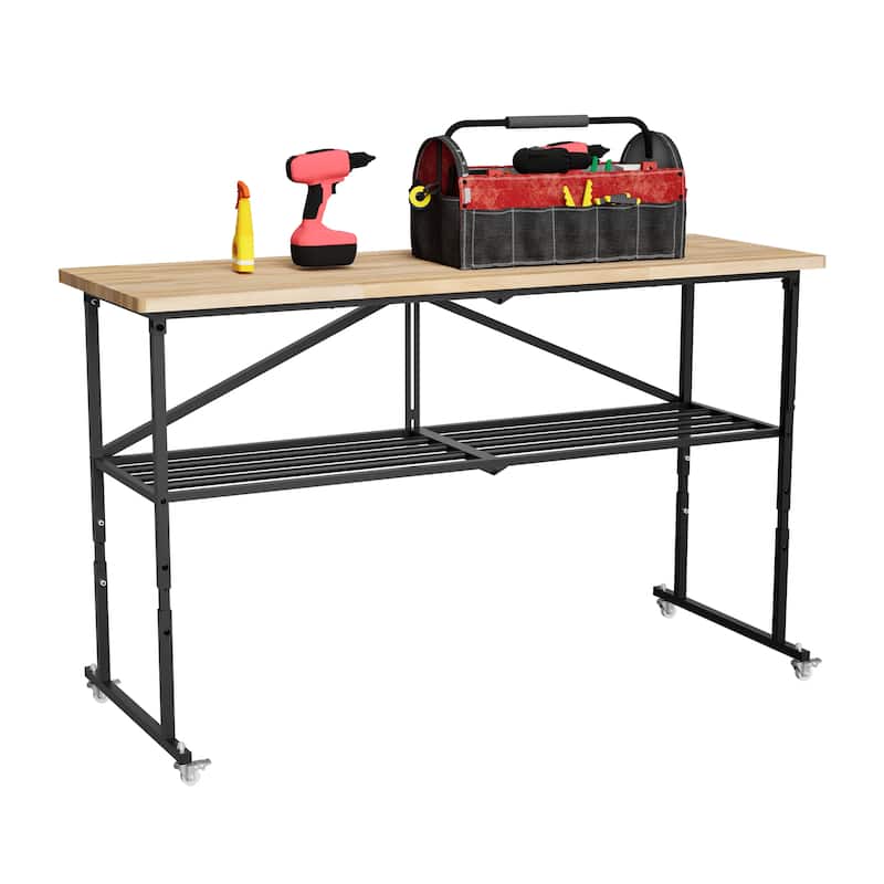 SmartFold Heavy-Duty Folding Butcher-Block Workbench- Portable Wood-Top Utility Table w/ Locking Casters