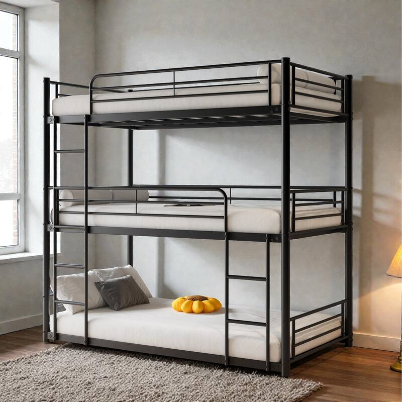 Twin Over Twin Over Twin Metal Triple Bunk Bed with Guardrails and Dual Ladders, Space Saving Frame, No Box Spring Needed