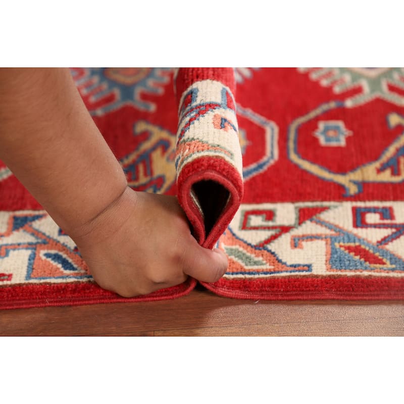 Red Geometric Kazak Oriental Runner Rug Handmade Wool Carpet - 2'7" x 9'8"