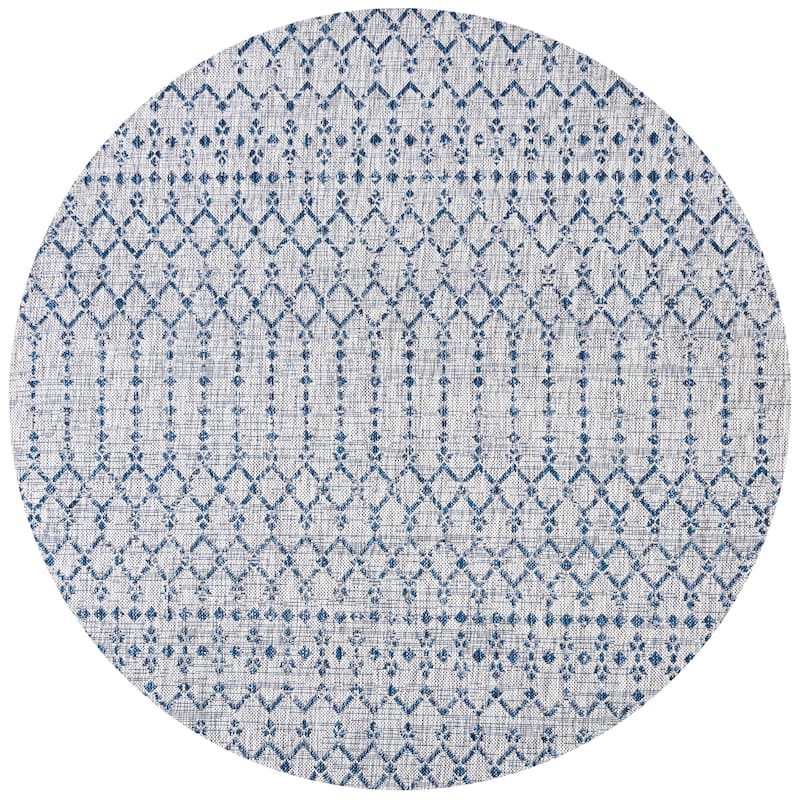 JONATHAN Y Trebol Moroccan Geometric Textured Weave Indoor/Outdoor Area Rug - 6' Round - Light Gray/Navy