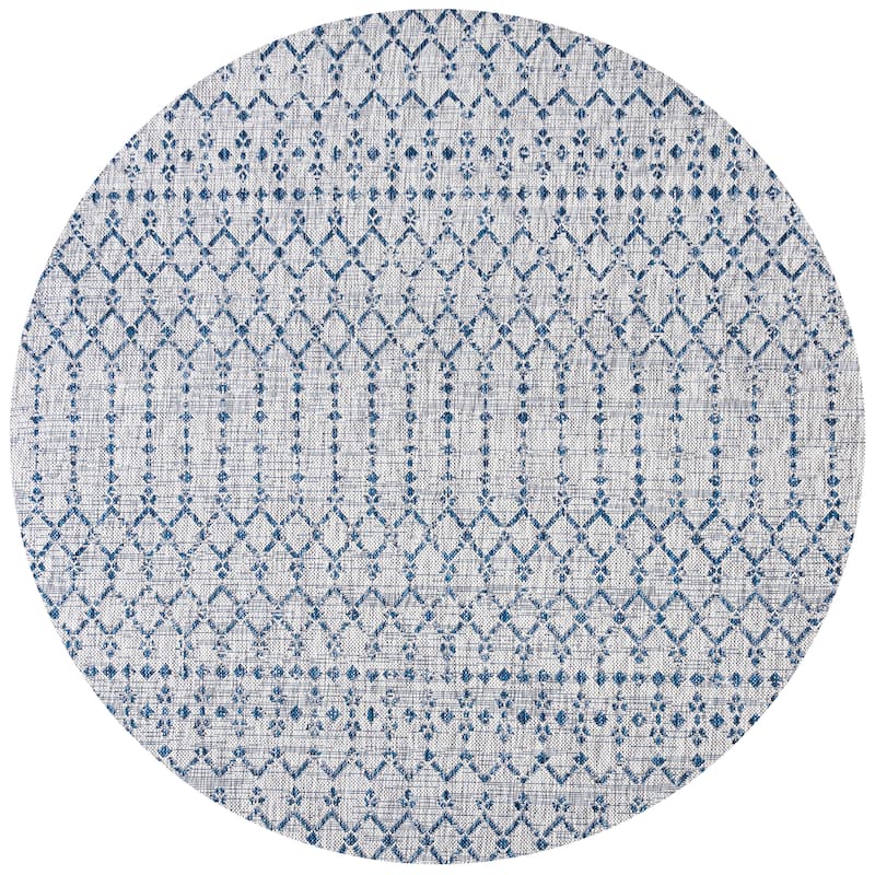 JONATHAN Y Trebol Moroccan Geometric Textured Weave Indoor/Outdoor Area Rug - 8' Round - Light Gray/Navy