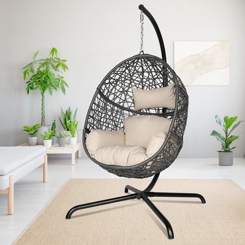 Oversized Outdoor Egg Chair with Stand, 450lbs Capacity Wicker Hanging Swing Chair, Extra Large Patio Lounge Chair with Cushions - Beige