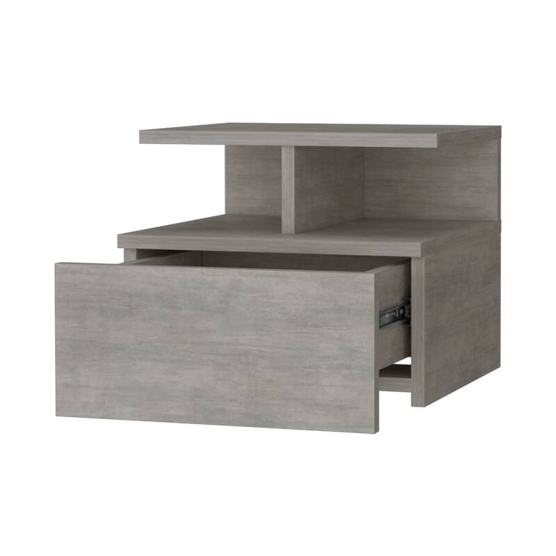 Concrete Gray Floating Nightstand with Drawer and 2-Tier Shelf - Wall-Mounted Side Table