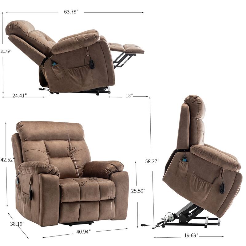 Power Electric Massage Heating Recliner w/Cup Holder for Elderly,Brown