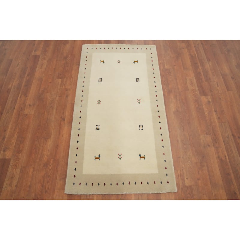 Hand Knotted Oriental 100% Wool Carpet Tribal Animal Pictorial Beige & Ivories Gabbeh Area Rug - 4' 5'' X 2' 4''