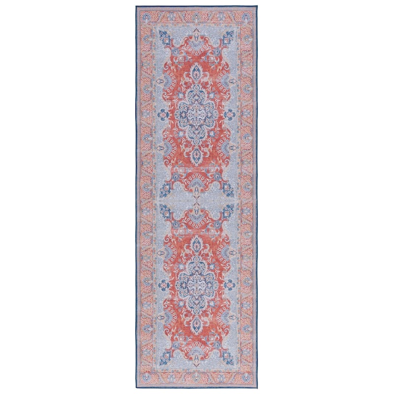 SAFAVIEH Tucson Machine Washable Slip Resistant Mintie Oriental Rug - 2'6" x 8' Runner - Rust/Blue