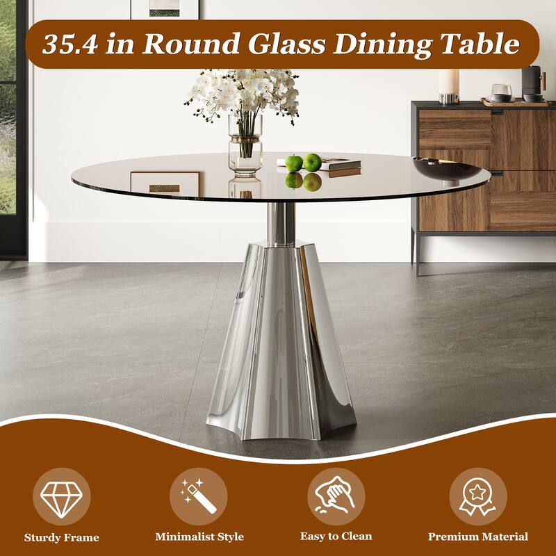 Roomfitters 35 Inch Round Dining Table, Mid-Century Modern Pedestal Kitchen Table with Tempered Glass Top
