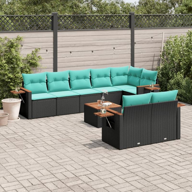 vidaXL 8 Piece Patio Sofa Set with Cushions Black Poly Rattan - 21.7x27.2x24.4-With table
