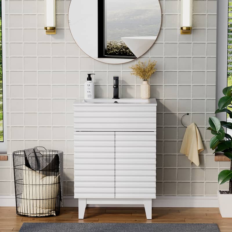 Bathroom Vanity Set W/Drop in Sink Faucet Cabinet Combo - 24 in & ceramic sink - White